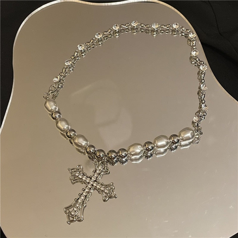 Vintage Pearls Cross Pendant Necklace
