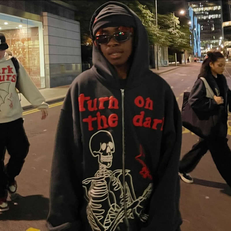 Skeleton Print Zip Up Hoodie - Tisso Clothing
