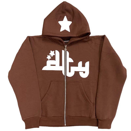 Star Letter Print Zipper Hoodies