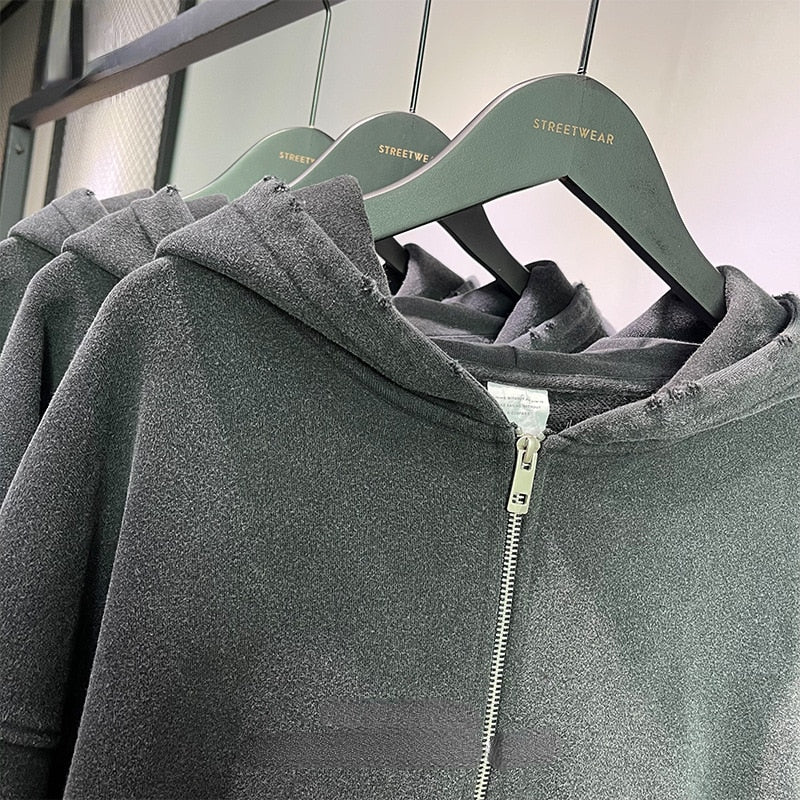Basic Ripped Grey Zipper Hoodie
