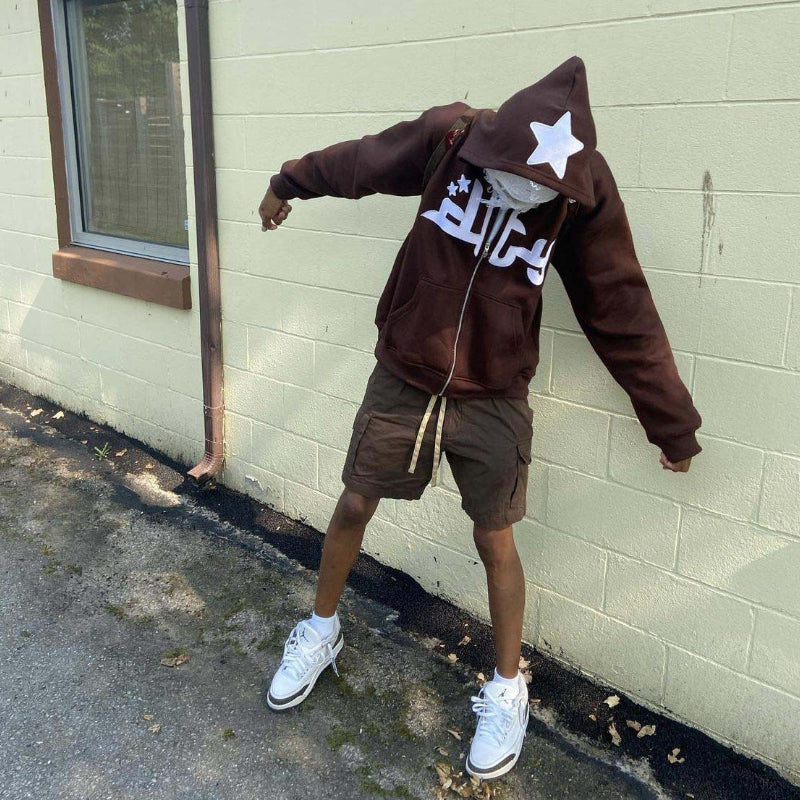 Star Letter Print Zipper Hoodies