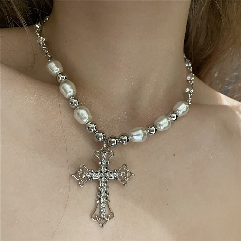 Vintage Pearls Cross Pendant Necklace