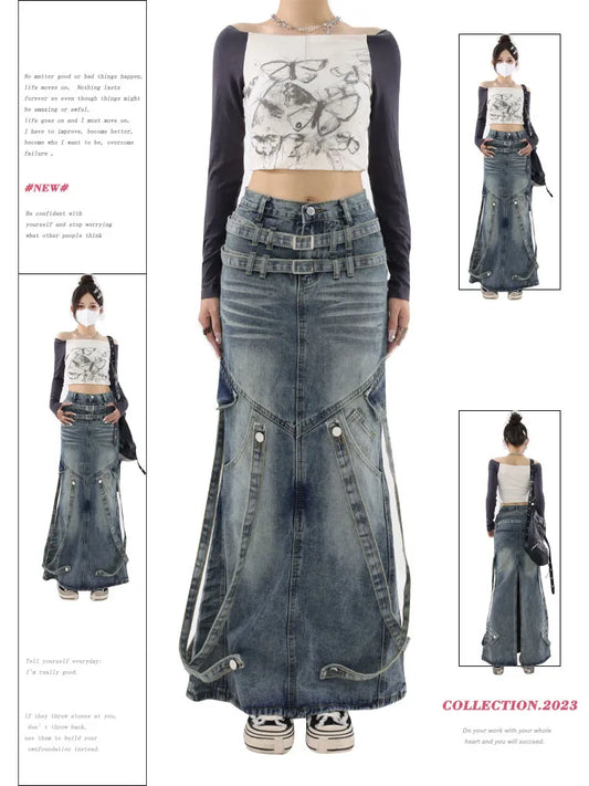 Long Washed Denim Skirt
