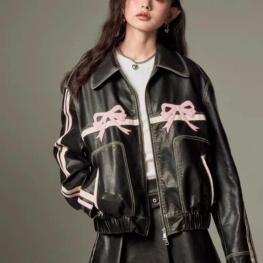 Coquette Bow Faux Leather Jacket