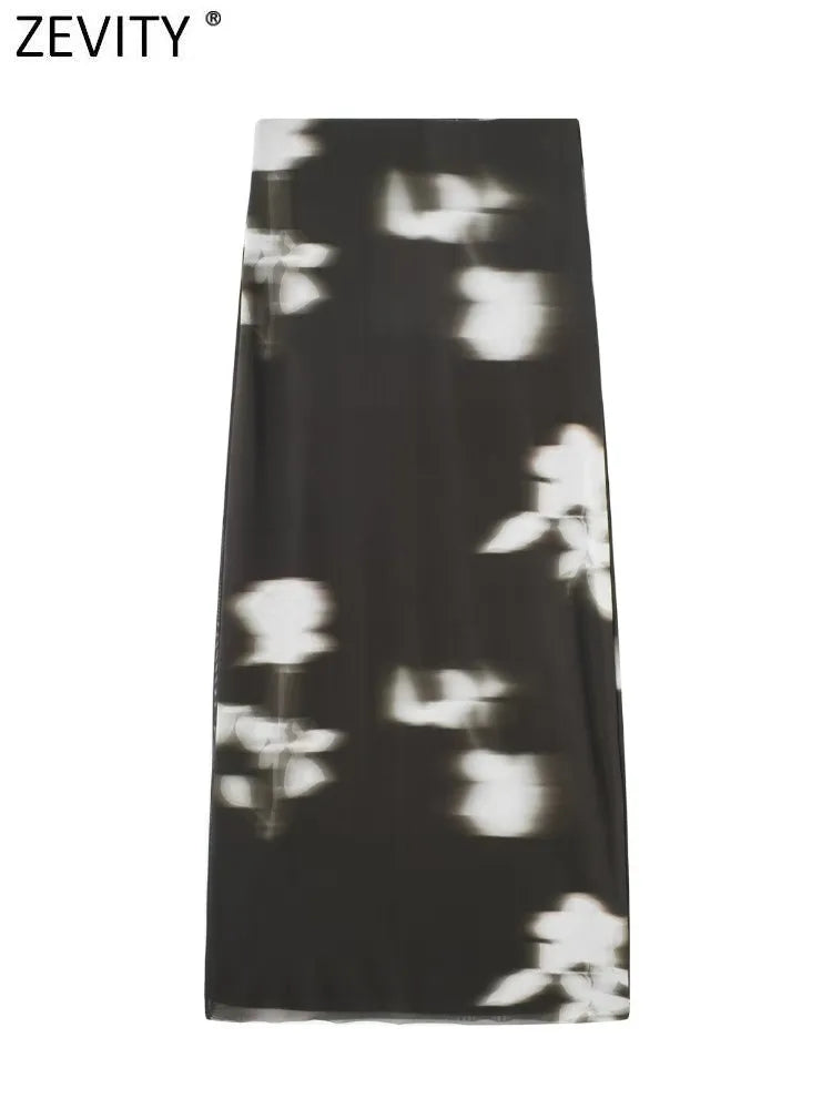 Floral Print Mesh Long Skirt