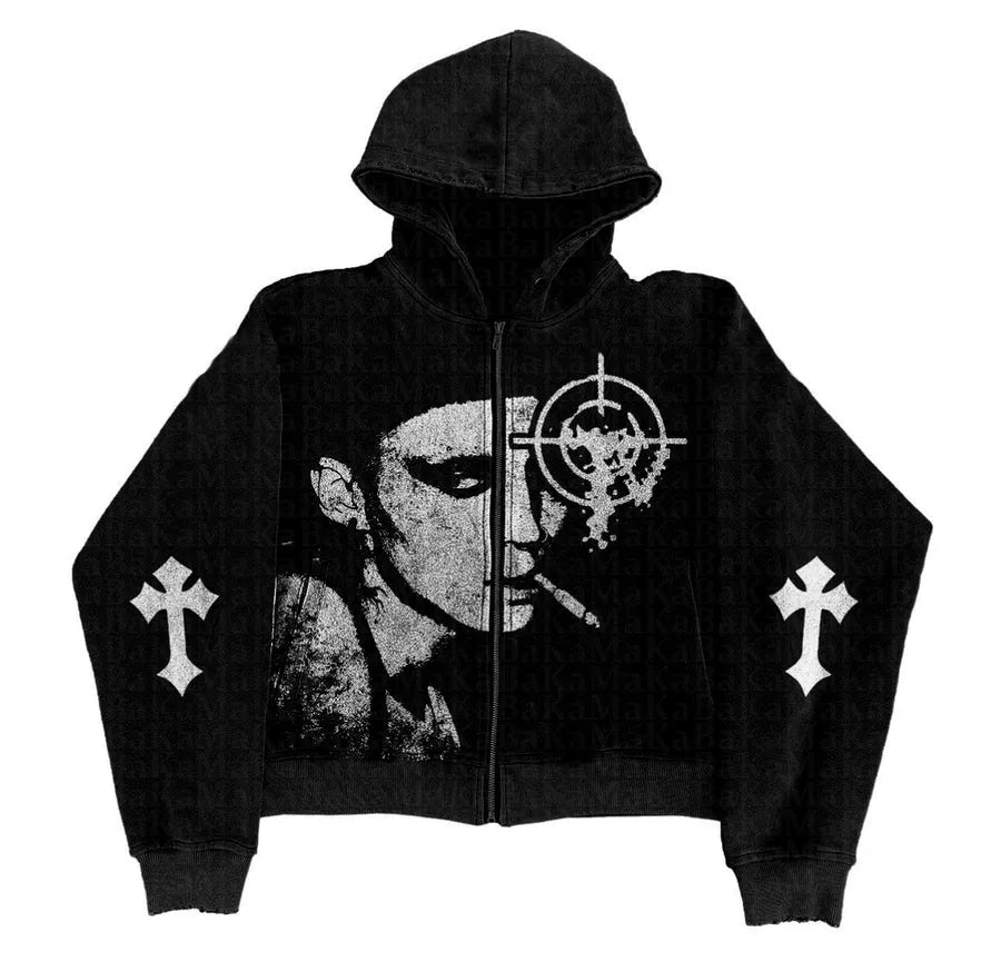 Graphic Cross Zip Up Hoodie