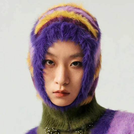 Contrast Fluffy Mohair Balaclava Hat