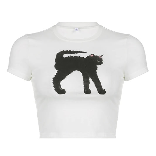 Black Cat Print Cropped Top