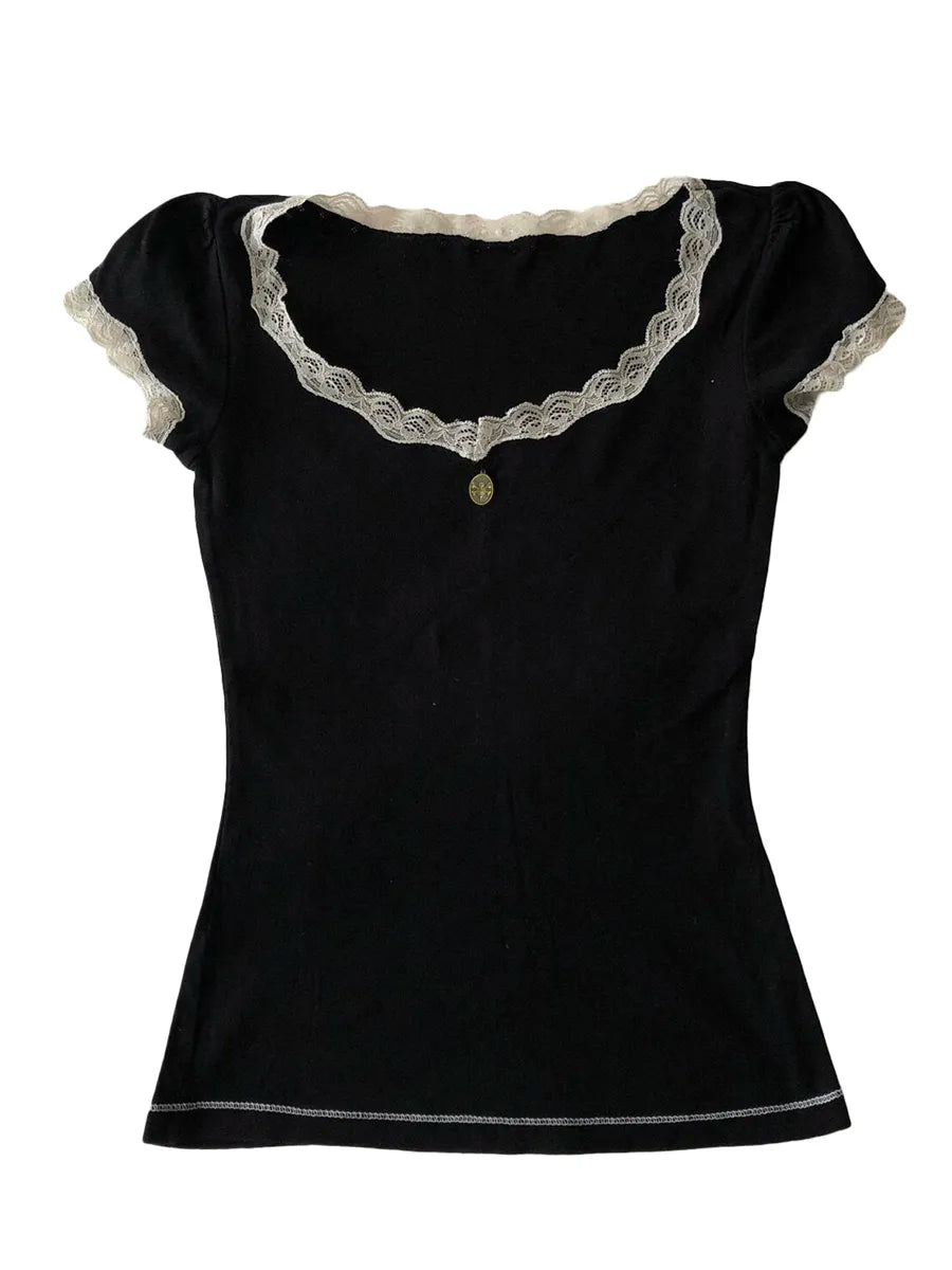 Old Money Laced Black Cropped Top