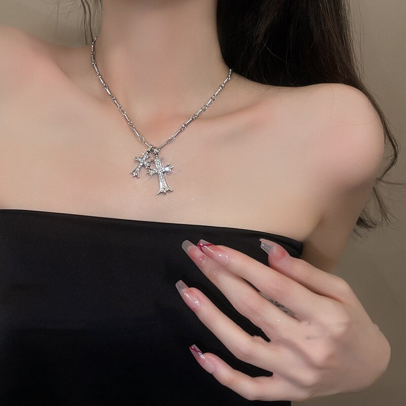 Silver and Gold Cross Rhinestones Necklace