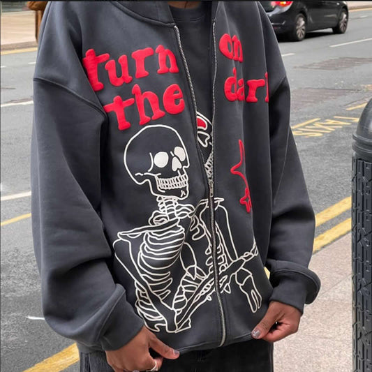 Skeleton Print Zip Up Hoodie - Tisso Clothing