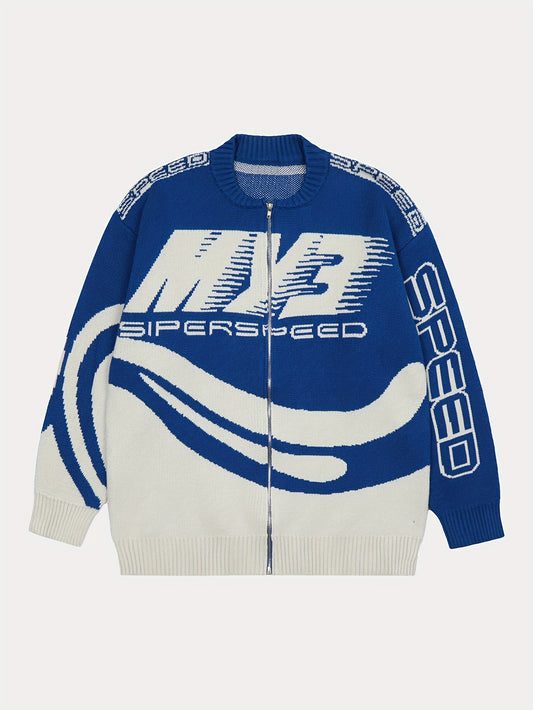 Retro "Ride More" Cardigan Zipper Knit