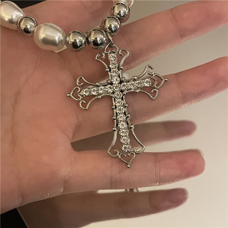 Vintage Pearls Cross Pendant Necklace