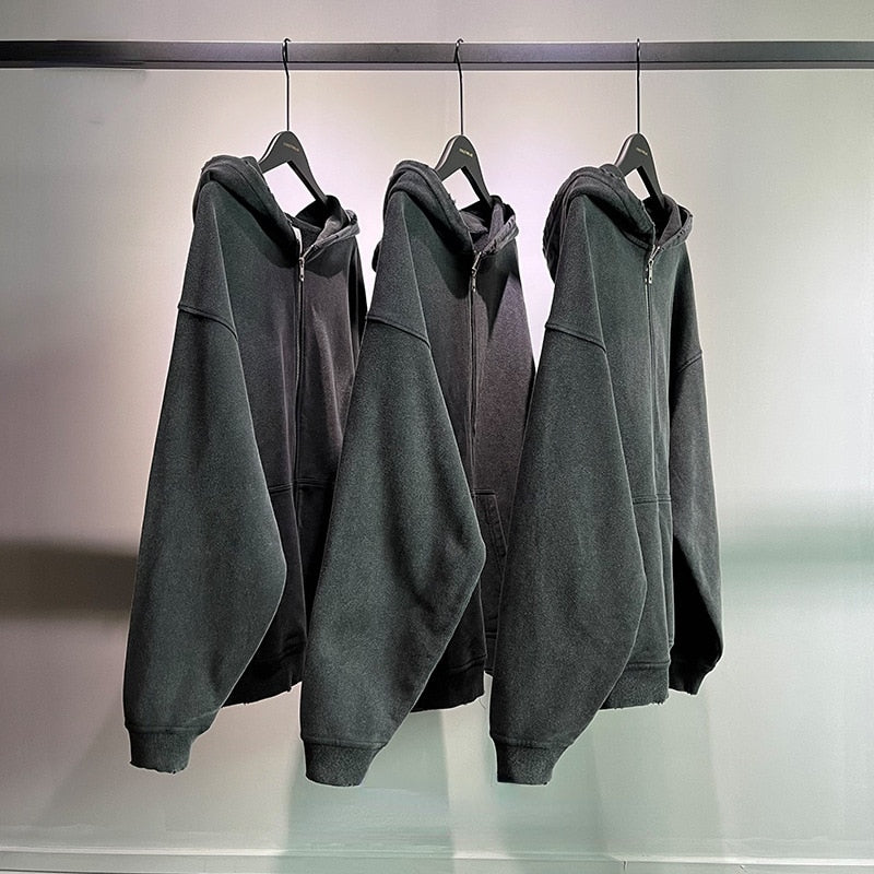 Basic Ripped Grey Zipper Hoodie